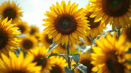 Fields of gold shine as sunflowers bloom, filling the landscape with vibrant yellow hues in a captivating display of nature's beauty.