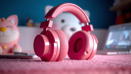 Pink headphones rest on a soft pink surface near a laptop, complemented by plush toys in a playful, youthful bedroom setting