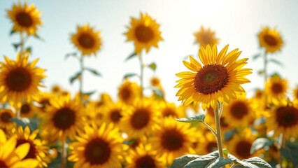 Golden sunflowers bloom brightly in a field under a summer sky, creating a warm and vibrant landscape with sunny yellow petals.