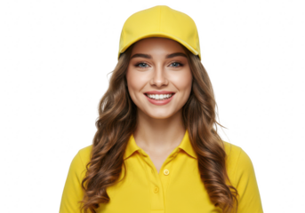 A cheerful young woman wearing a yellow cap and polo shirt smiles confidently, isolated on a transparent background