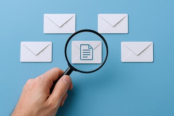 Hand holding magnifying glass examining document surrounded by five envelopes on blue background.