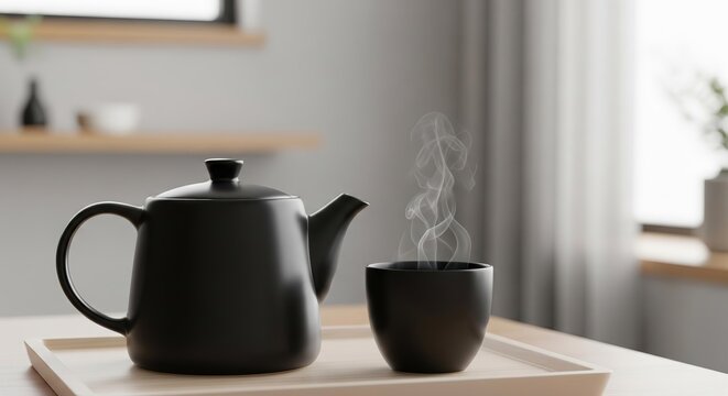 A modern, black ceramic teapot and a single cup on a wooden tray, with steam gently rising from the cup in a serene, minimalist room.