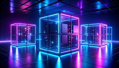 Neon-lit cubes, futuristic server room