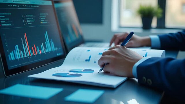 Conduct detailed mid year business review analysis leveraging high resolution photostock imagery and robust data analytics for strategic corporate oversight in  Photo Stock  Concept  and empty space o