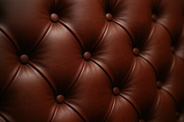 Close-up of luxurious brown leather tufted upholstery with detailed stitching and buttons.