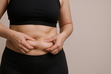 Woman Pinching Belly Fat Showing Excess Skin and Weight Gain in Casual Clothing.