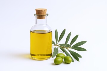 Small glass bottle filled with golden oil placed beside fresh green olives and leaves.