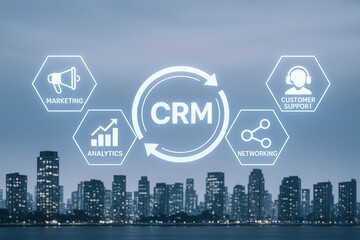 Modern CRM system concept with business icons and city skyline background.