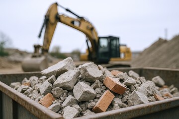 Heavy construction excavator working on railway track with pile of rocks and dirt.