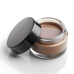 Glass jar of brown cosmetic cream with black lid brown cream