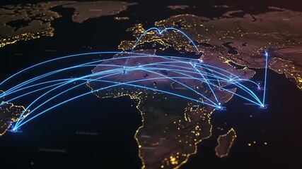 Global connectivity illustrated through illuminated map with data flow lines across continents at night - Powered by Adobe