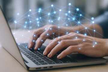 Hands typing on laptop keyboard with futuristic digital network overlay background.