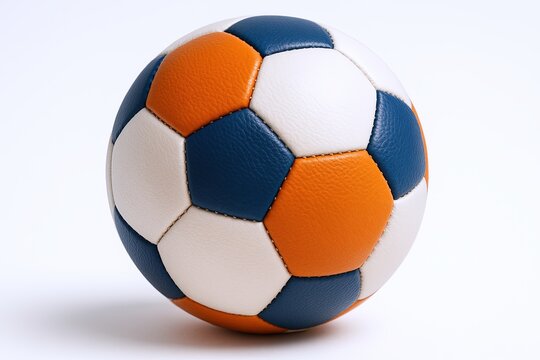 Colorful soccer ball with classic black and white pentagon pattern and vibrant orange accents on a white background. - Powered by Adobe