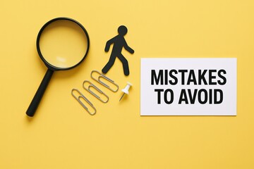 Business Concept Image Featuring Magnifying Glass Walking Over Paper with Mistakes to Avoid Message.