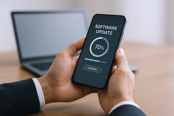 Close-up of a person holding a smartphone displaying a software update progress screen on a wooden desk.