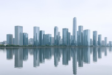 Fototapeta premium Modern city skyline skyline with skyscrapers reflecting on calm water during daytime.