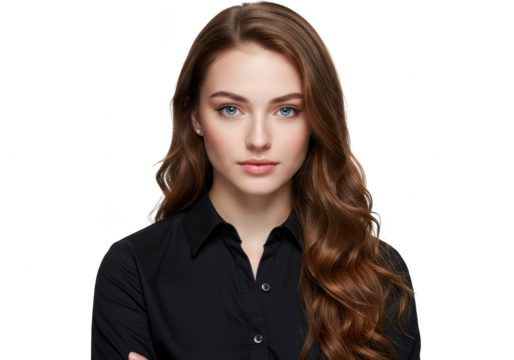 A beautiful young woman with long, wavy brown hair and striking blue eyes, wearing a black collared shirt, isolated on white isolated on transparent background - Powered by Adobe