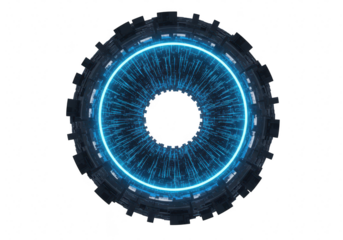 A futuristic blue neon digital ring with intricate geometric patterns, isolated on a transparent background