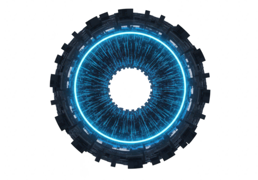 A futuristic blue neon digital ring with intricate geometric patterns, isolated on a transparent background