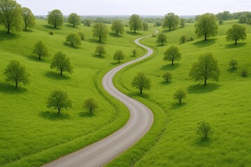 Serene winding country road through lush green rolling hills with trees and open fields.