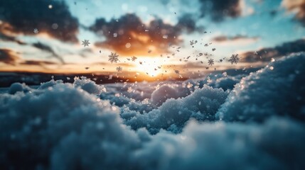 Snow-covered landscape at sunset with falling snowflakes