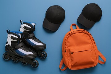 Naklejka premium Skate Skates Black Caps Backpack Orange Bag Casual Active Lifestyle Equipment.