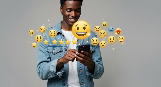 Smiling man interacting with rating emojis on his phone, five star review