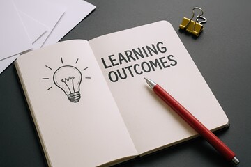 Open notebook with handwritten text learning outcomes and light bulb illustration on gray background.