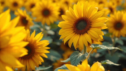 Vibrant sunflowers bloom under the warm sun, creating a cheerful field of yellow and green with a focus on beauty and natural elements.
