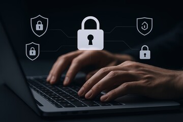 Secure Data Protection and Cybersecurity Lock Icons on Digital Laptop Screen.
