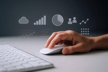 Modern digital technology interface with hand using mouse and data visualization icons.