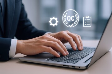 Business professional working on laptop with quality control and checklist icons.