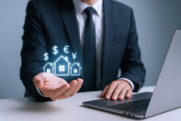 Businessman Holding Virtual Home Investment Icons Digital Money Growth Concept.