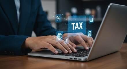 Tax Preparation: Man Typing on Laptop with Digital Tax Icons Overlay