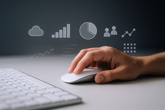 Modern digital technology interface with hand using mouse and data visualization icons.