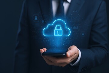 Businessman in formal suit holding smartphone with glowing cloud security technology.