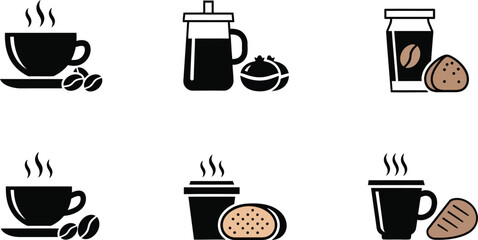 Coffee and pastry icons: a collection of simple illustrations depicting various coffee drinks and accompanying baked goods.