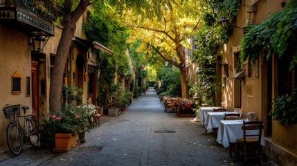 Fototapeta premium serene scene essence of european capital with empty streets where quaint cafes and elegant restaurants line