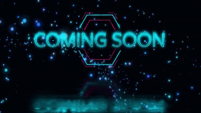 Glowing cyan letters drifting converging into COMING SOON in hexagon glitching announcing release