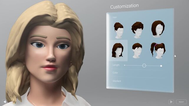 Interactive Gaming Dashboard Displaying a Customization Screen with a 3d Female Head. User Scrolls Through Different Hair and Brow Styles, Choosing a Dark Brunette Hair Color for a Playable Character
