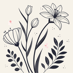 Doodle ink floral sketch set, vector flower brushstroke collection, hand drawn organic icon kit. Abstract naive botanical outline modern spring decoration design element. Doodle floral texture clipart