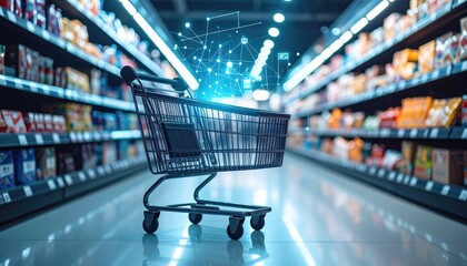 Supermarket shopping cart with digital overlay
