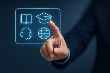 Interactive digital learning concept with icons for education technology and online studying.