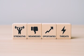 Business strategy blocks with icons representing strengths weaknesses opportunities threats analysis.
