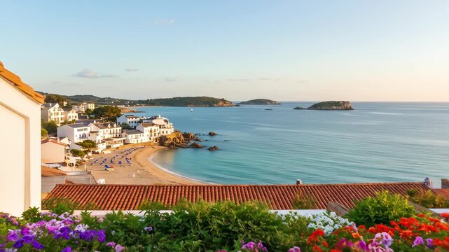 Coastal Village View: A stunning open window framing a peaceful Mediterranean coastal village with vibrant flowers, a serene beach, and turquoise waters under a clear sky.
