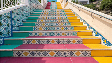 Vibrant staircase with colorful tiling offers a playful and artistic outdoor setting, perfect for travel inspiration and architectural design concepts.