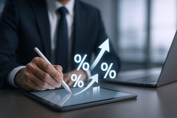 Business professional analyzing growth data on digital tablet with financial graphs.