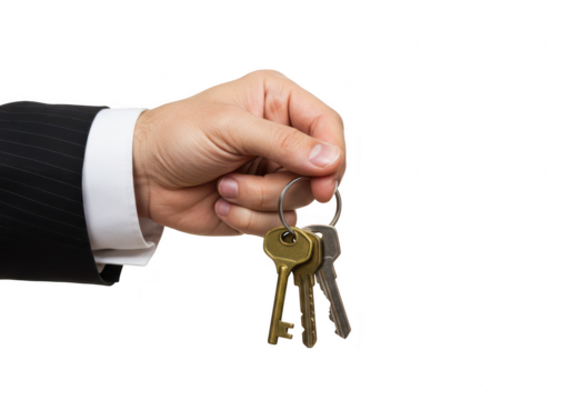 A person in a suit holding a set of keys on a keychain isolated on a transparent background