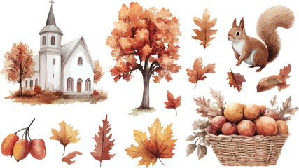 Watercolor Autumn Scene with Church Tree Squirrel Leaves and Basket of Apples