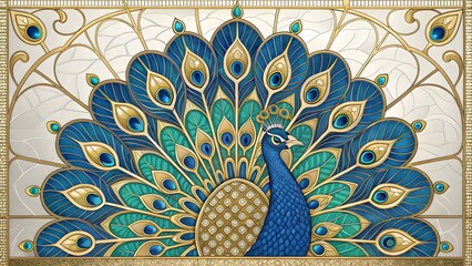 Luxury Peacock Wall Art Design with Golden Feathers and Ornamental Details

